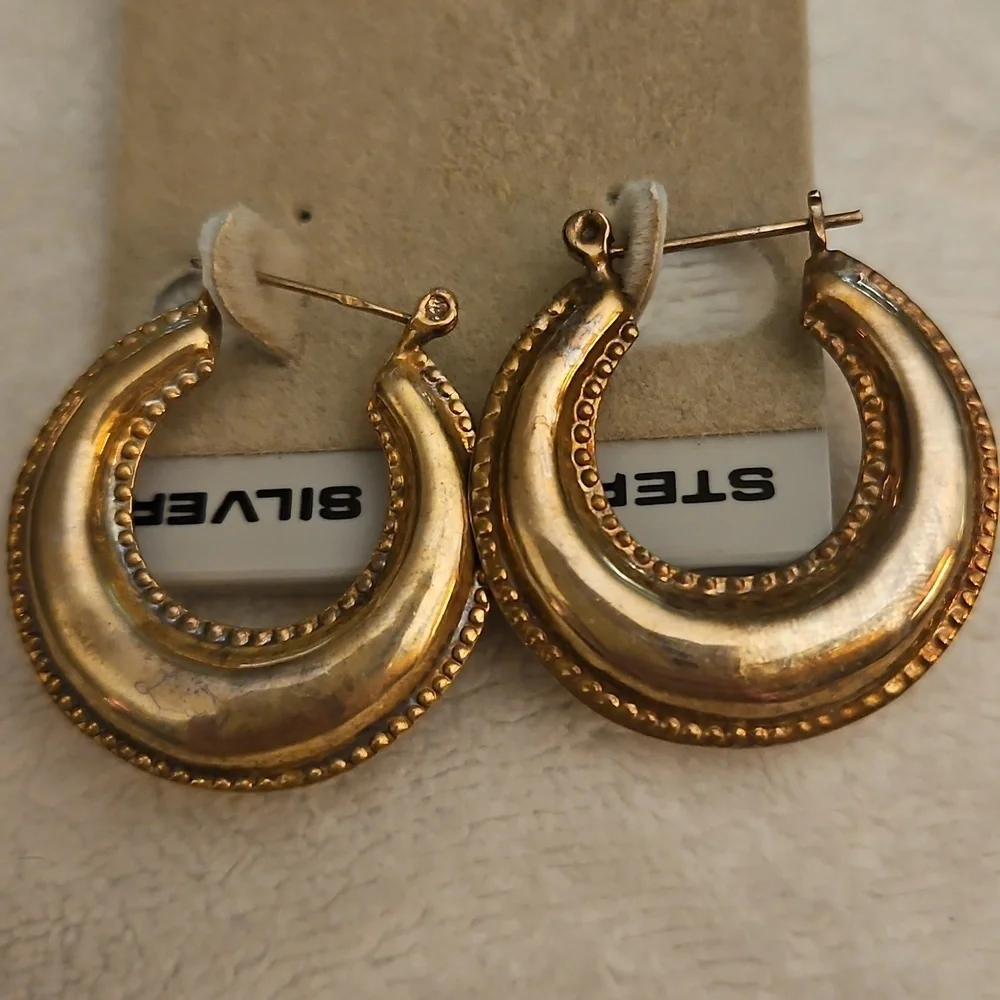 Vintage 1980s Sterling Silver Puff Creole Hoop Huggie Earrings